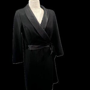 Black Glamour Tuxedo Wrap Dress with Satin Shawl Collar